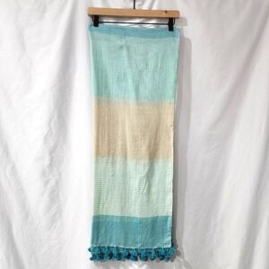 Talbots Sheer Scarf‎ Teal Tan Stripe Tassels Preppy Classic